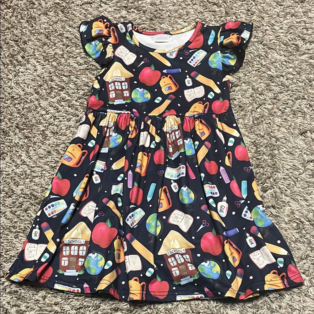 Girls Black School-Print Flutter Sleeve Dress